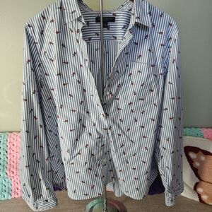 Banana Republic Blue Striped Shirt with Red Floral Accents